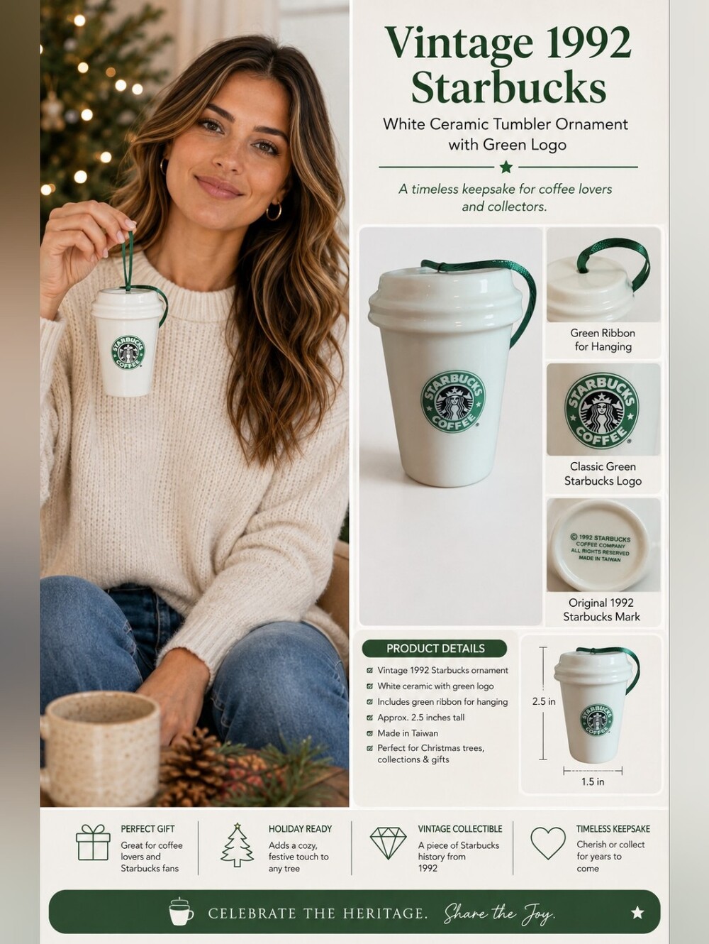 Vintage 1992 Starbucks White Ceramic Tumbler Ornament with Green Logo 2.5in